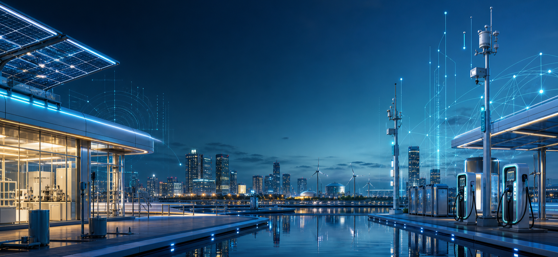 Low-carbon environmental technology campus with solar panels and smart monitoring systems